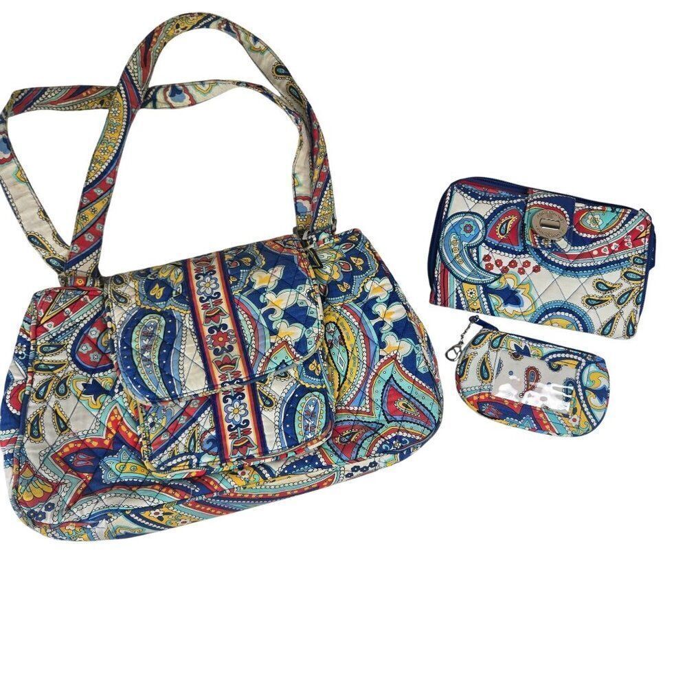 Vera Bradley Quilted Marina Paisley Edie Satchel Handbag Wallet Coin Pouch